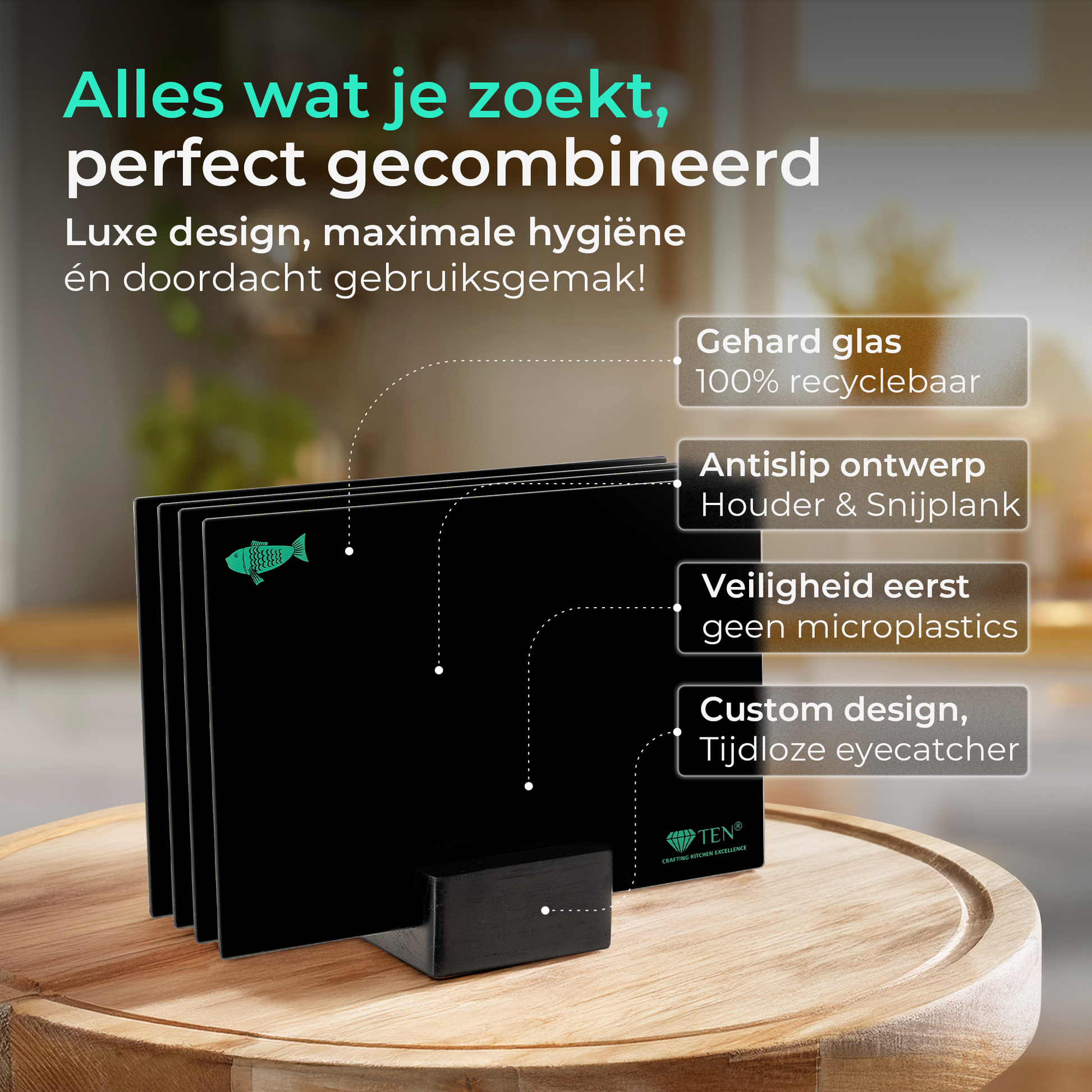 TEN® - Glazen Snijplankenset met Houder - Tenkitchen.store