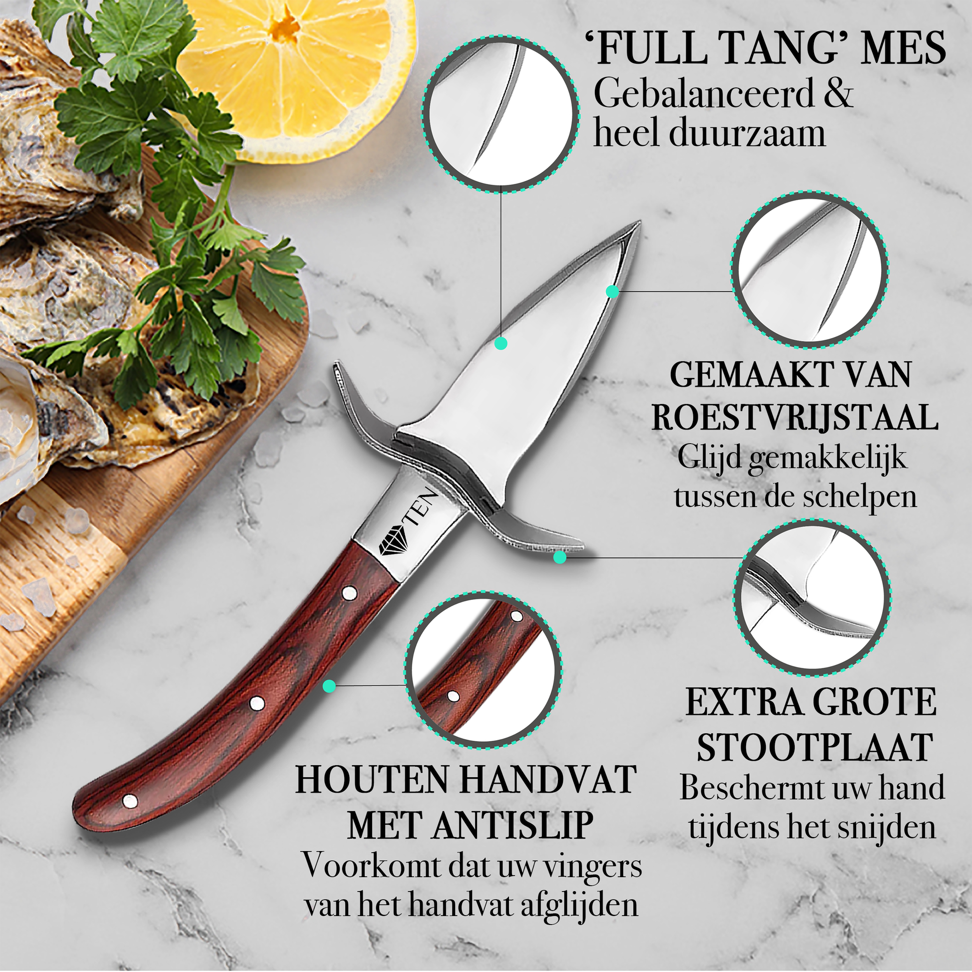 TEN® Oesterset 4-delig - Oestermes met RVS Oesterhandschoen - Bruin - Tenkitchen.store