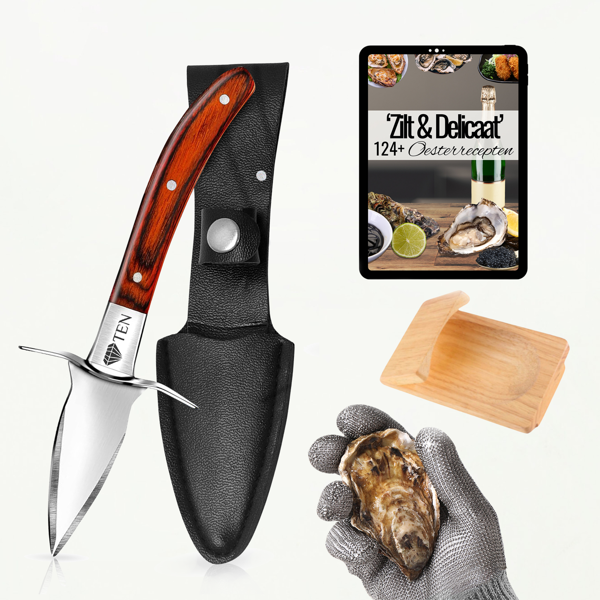 TEN® Oesterset 4-delig - Oestermes met RVS Oesterhandschoen - Bruin - Tenkitchen.store