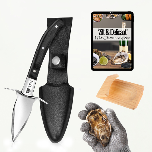 TEN® Oesterset 4-delig - Oestermes met RVS Oesterhandschoen - Zwart - Tenkitchen.store